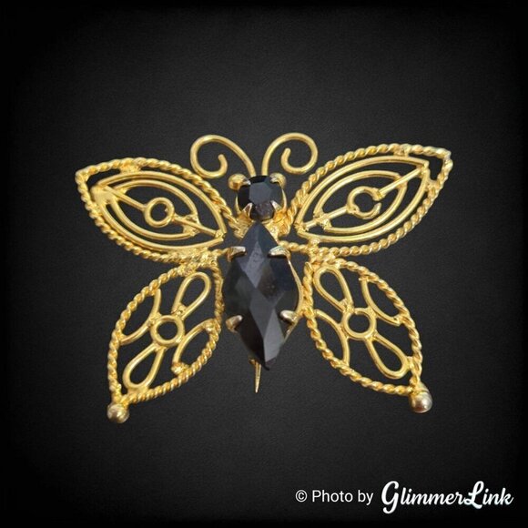 Vintage Butterfly Filigree Black Rhinestones Gold Tone Brooch Pin - Picture 1 of 7